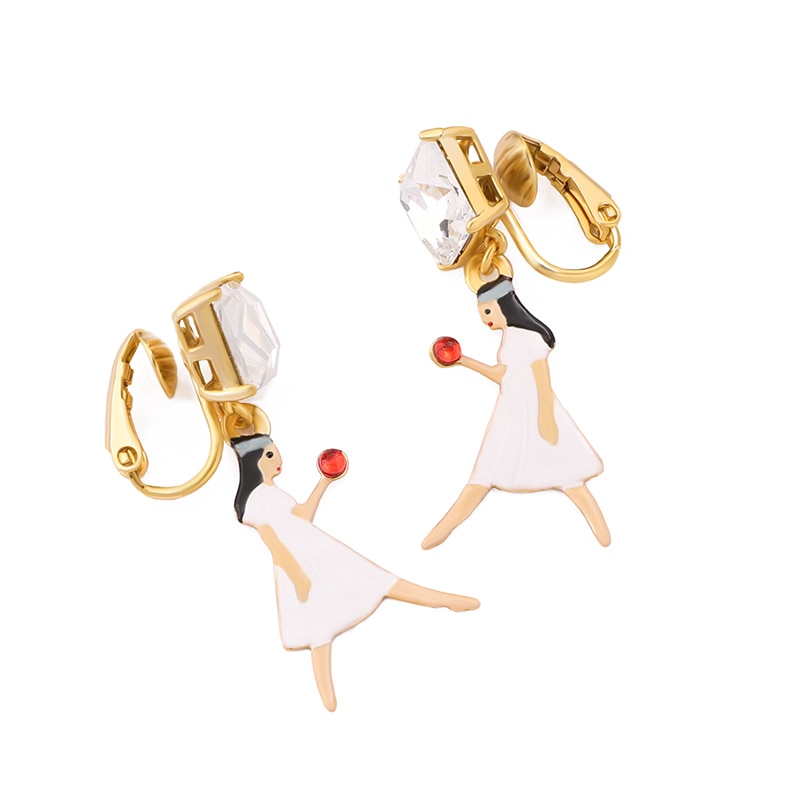 Fairy Tale Series Snow Princess Zircon Enamel Stud Clip Earrings