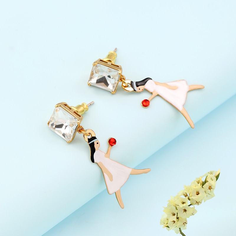 Fairy Tale Series Snow Princess Zircon Enamel Stud Clip Earrings