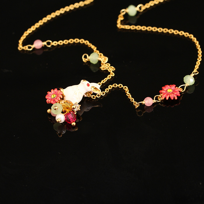 Enamel Small White Rabbit Flower Rose Crystal Necklace Clavicle Chain Gilded Prevent Allergy Women Jewelry