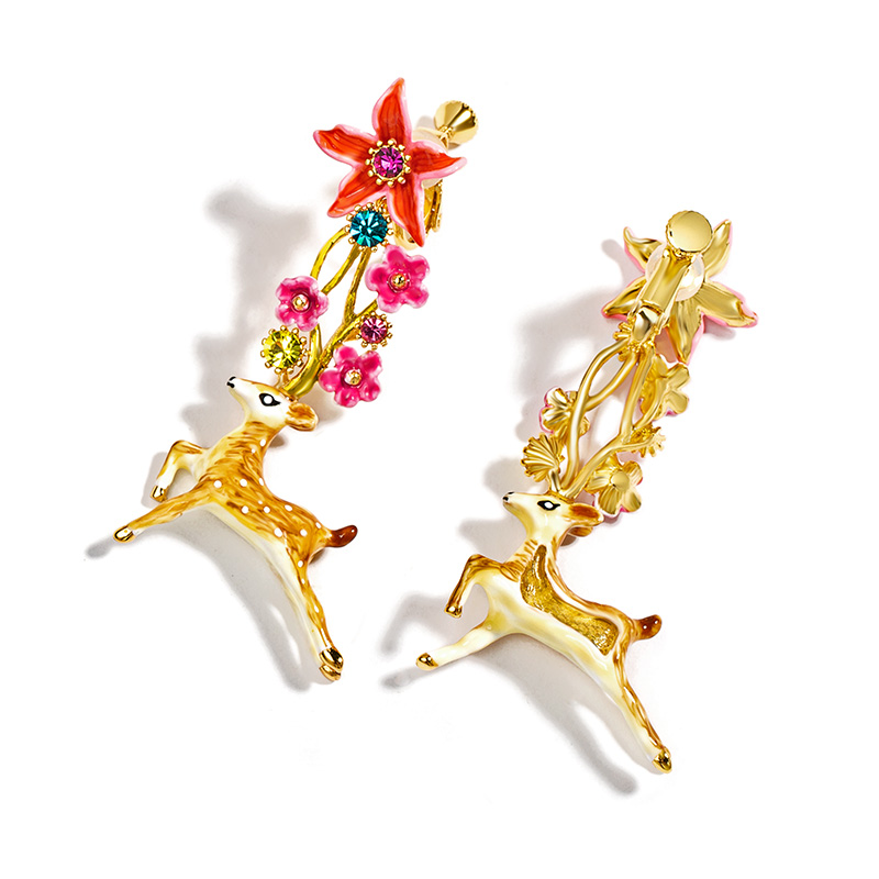 Flower Deer Enamel Glaze Rhinestone Enamel Glaze Stud Clip Earrings