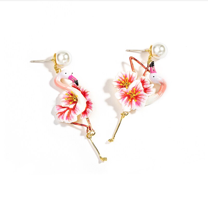 Flower Flamingo Pearl Enamel Glaze Stud Clip Earrings