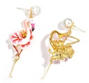 Flower Flamingo Pearl Asymmetrical Enamel Earrings
