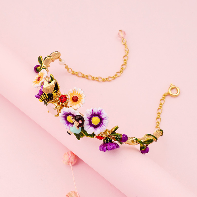 Enamel Glazed Daisy Flower Bee Inlaid Gem Bracelet 18K Gold Plated