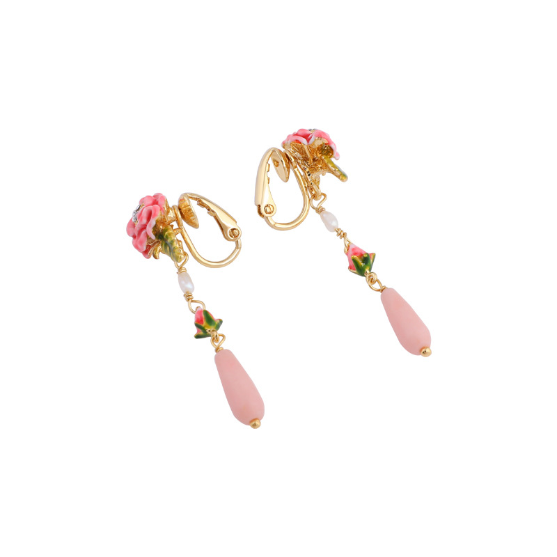 Flower Pink Pendant Enamel Earrings Jewelry Stud Clip Earrings