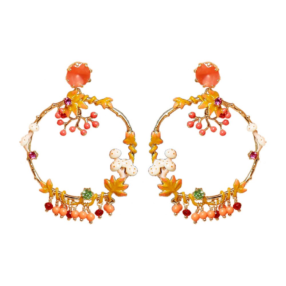 Mushroom And Crystal Tassel Enamel Stud Earrings