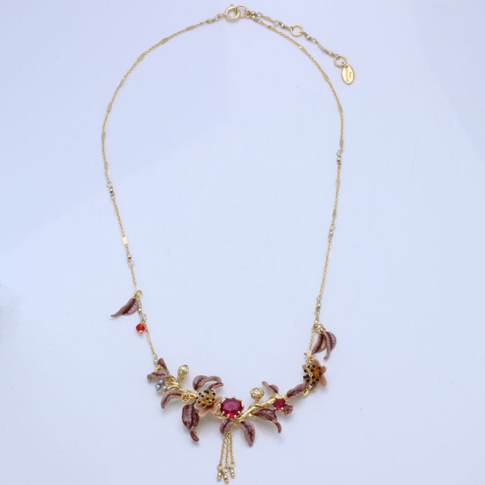 Raspberry Flower Leaf And Stone Enamel Necklace