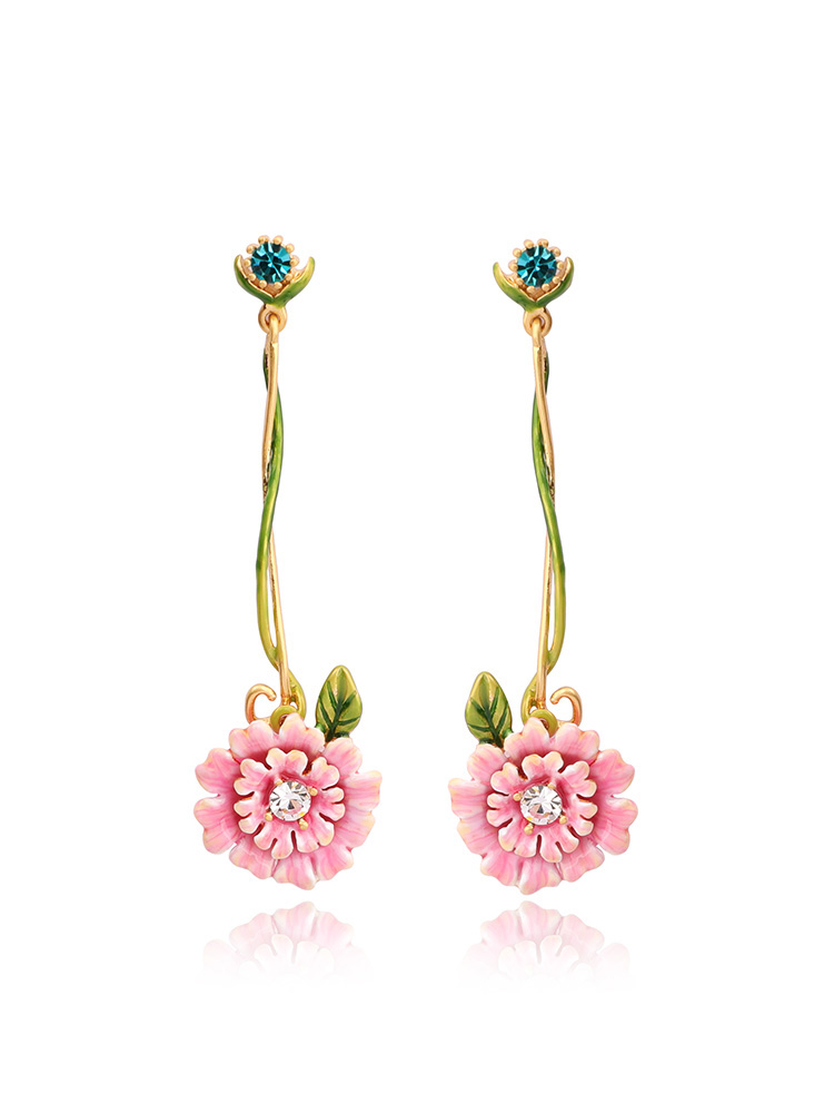 Pink Flower And Crystal Enamel Dangle Earrings Jewelry Gift