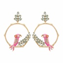 Pink Parrot Bird And Crystal Stud Enamel Earrings