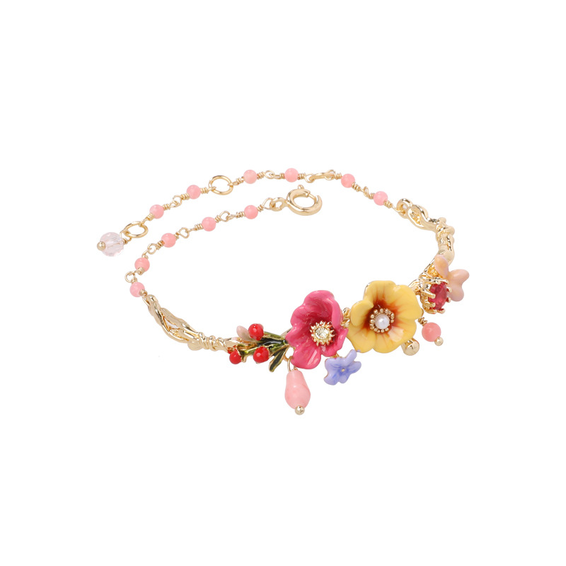 Peony Flower Branch Enamel Bracelet