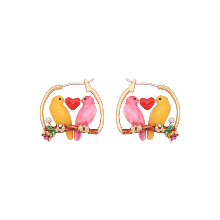 Pink Yellow Small Bird Heart 925 Silver Enamel Earrings Jewelry Hook Earrings