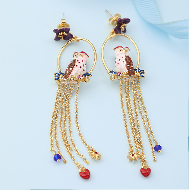 Owl Long Tassel  Enamel Earrings