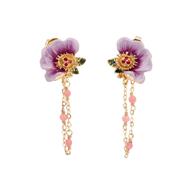 Purple Peony Flower Tassel Enamel Stud Earrings