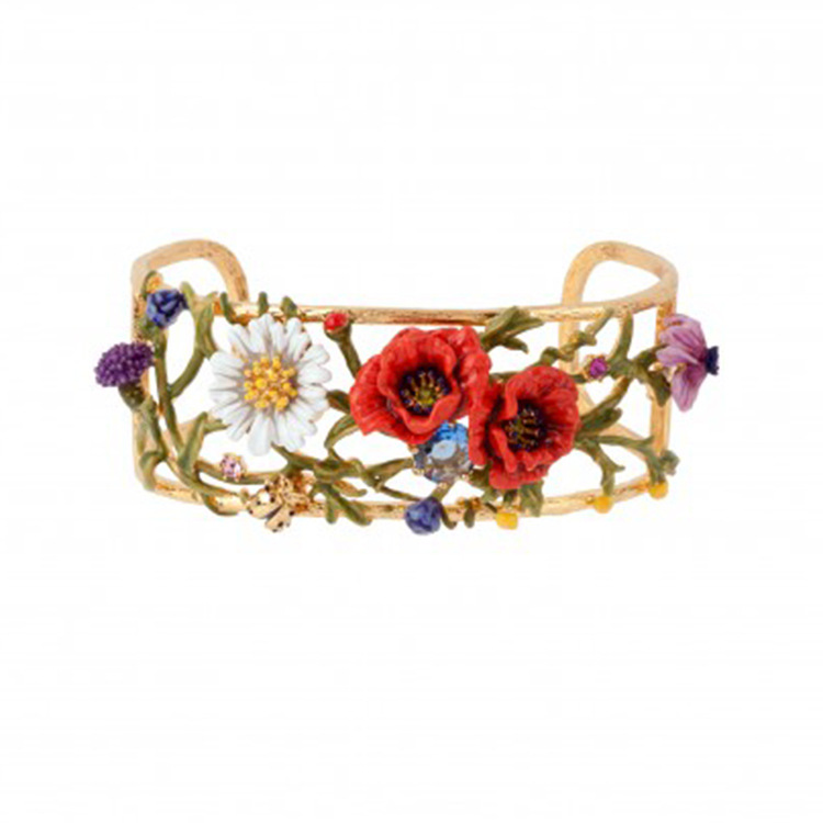 Red Rose White Flower Branch And Crystal Enamel Bangle Bracelet