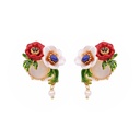 Flower Leaf And Stone Enamel Earrings