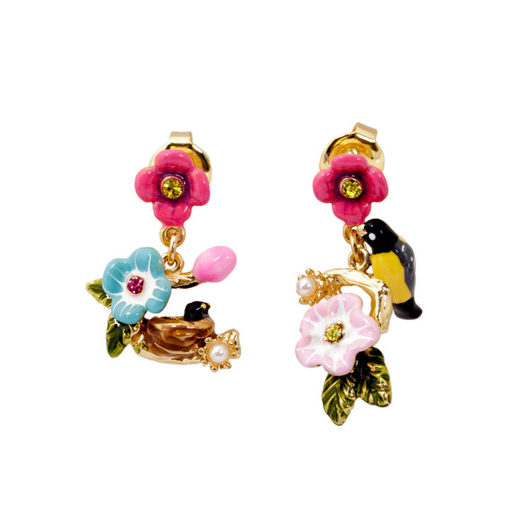 Bird And Flower Asymmetrical Enamel Earrings