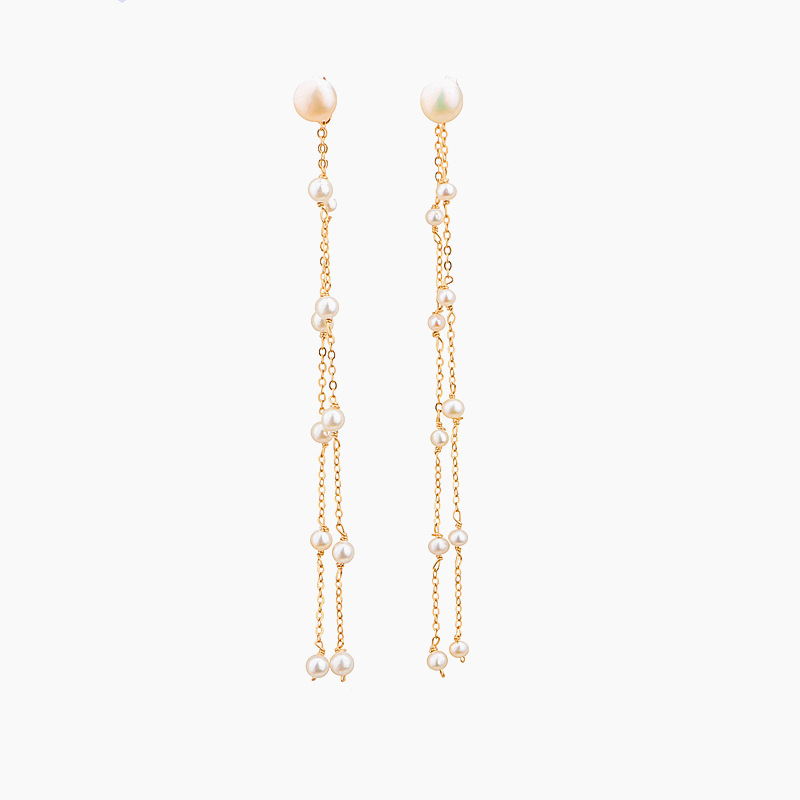 Freshwater Pearl Long Tassel Bridesmaid Wedding Stud Earrings