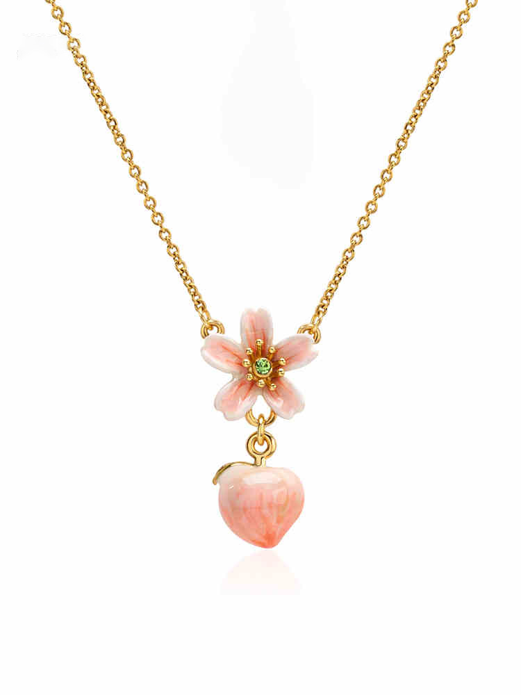 Peach Blossom Flower Enamel Pendant Necklace