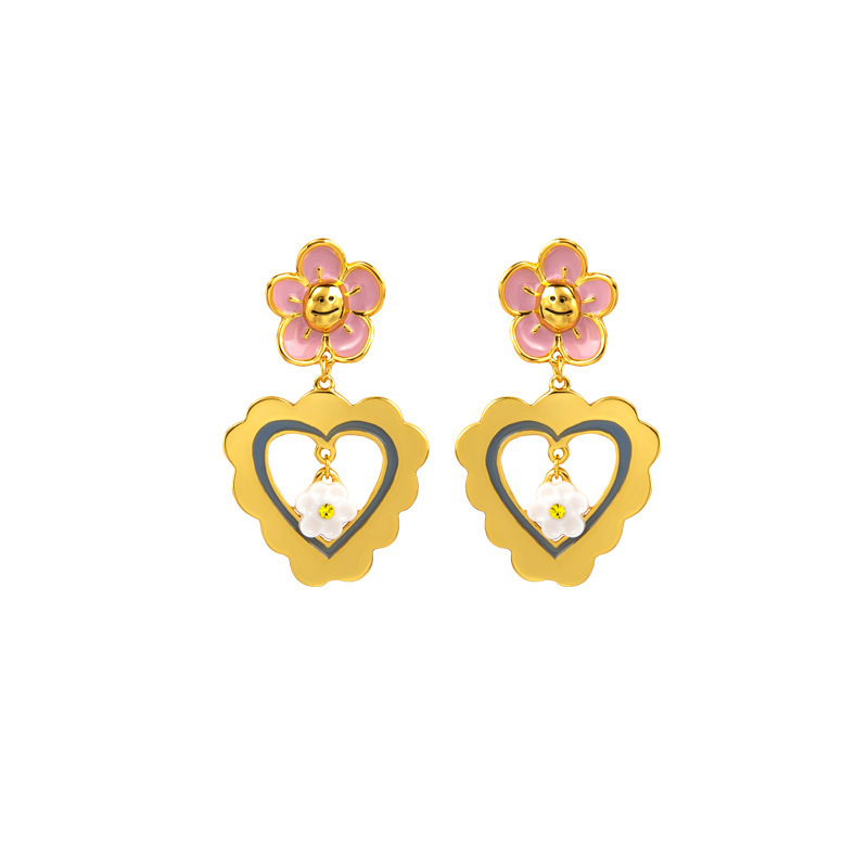 Little Pink Daisy Flower And Heart Enamel Earrings