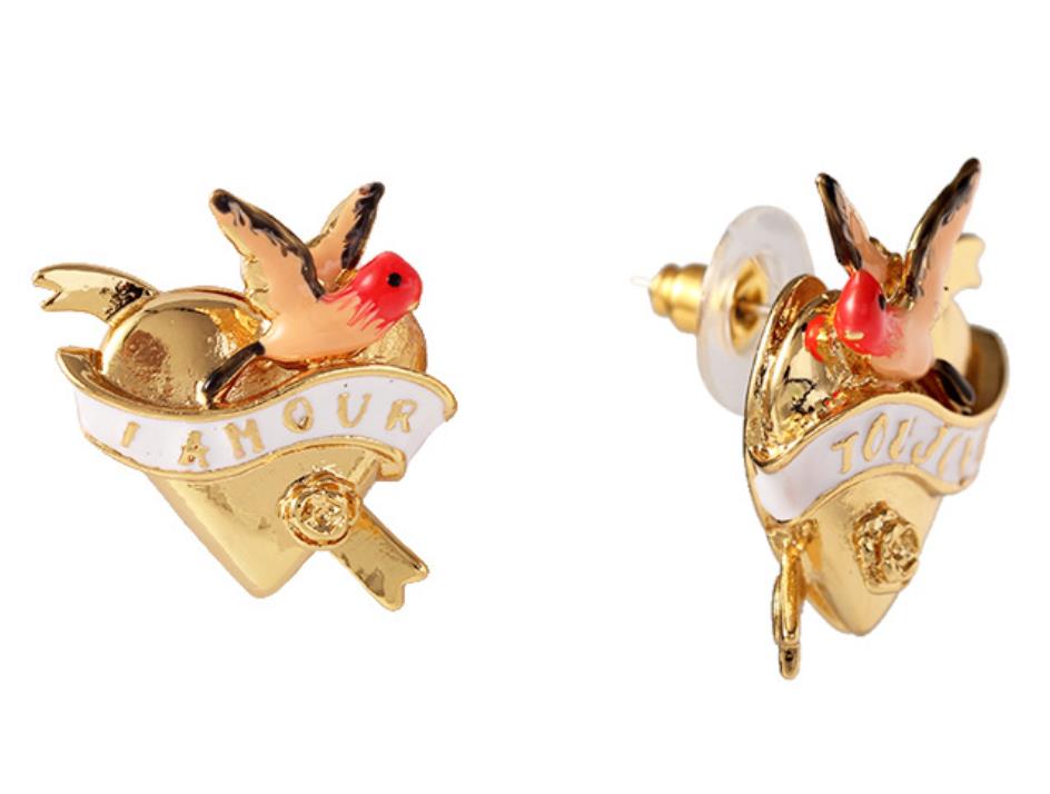 Love Bird On Golden Heart Enamel Earrings