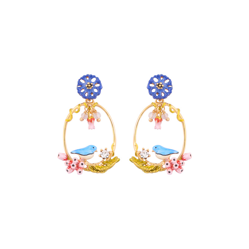 Robin Bird And Pink Flower Crystal Enamel Earrings