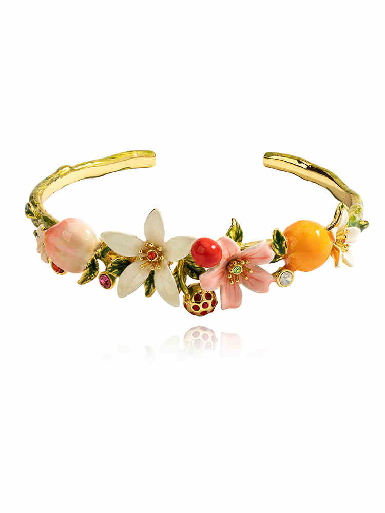 Fruit Peach And Orange Flower Enamel Bangle Cuff Bracelet