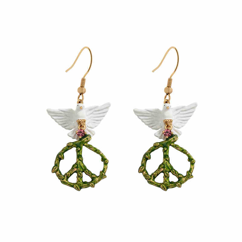 White Peace Pigeon Enamel Hook Earrings