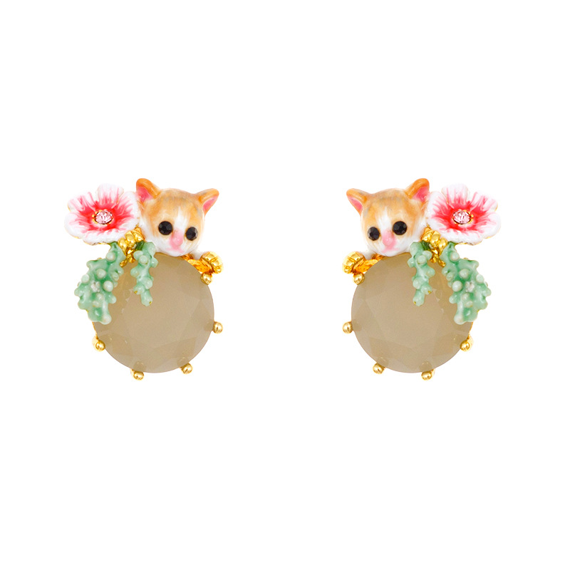 Cat Kitty Kitten Flower And Stone Enamel Stud Earrings