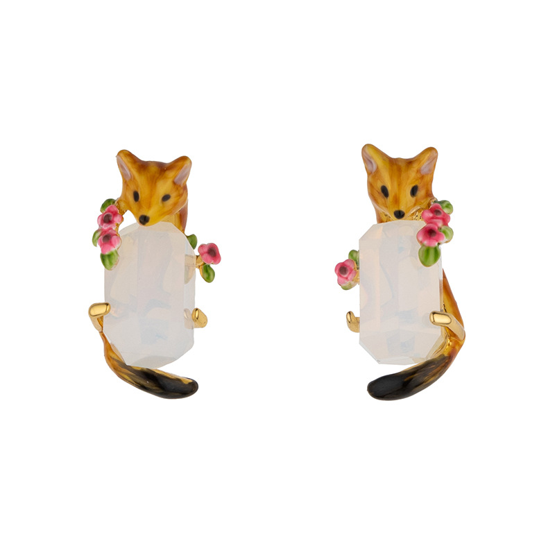 Cute Fox And Stone Enamel Stud Earrings