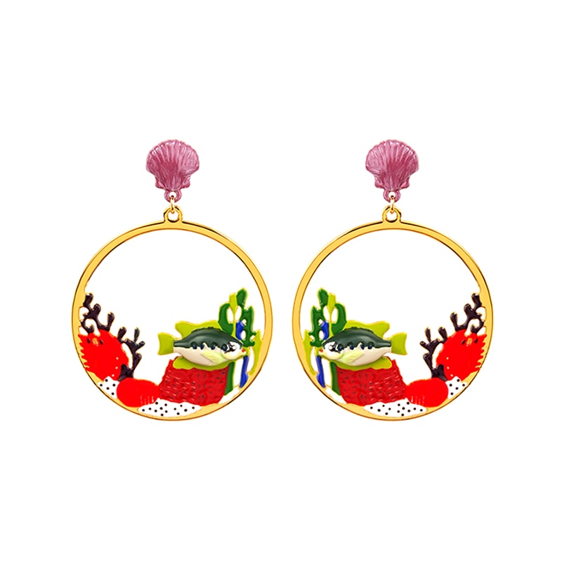 Ocean Coral Fish And Shell Enamel Stud Dangle Earrings
