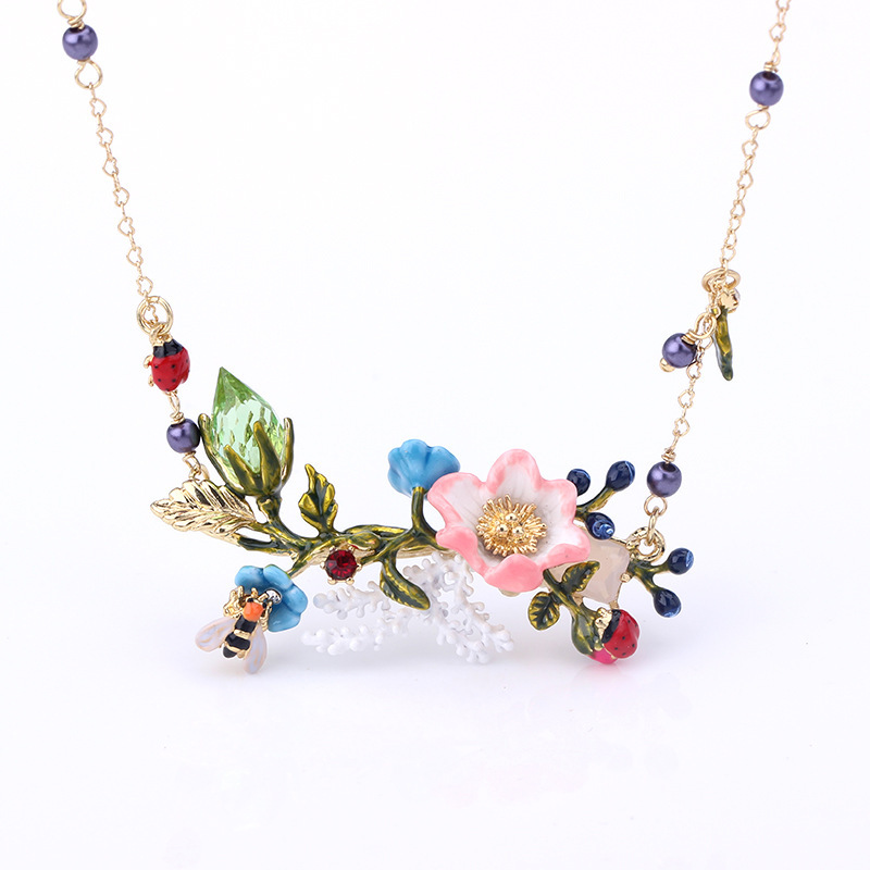 Flower Branch With Caterpillar Butterfly Enamel Necklace Jewelry Gift