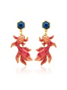 Red Fish Koi And Blue Crystal Enamel Dangle Stud Earrings