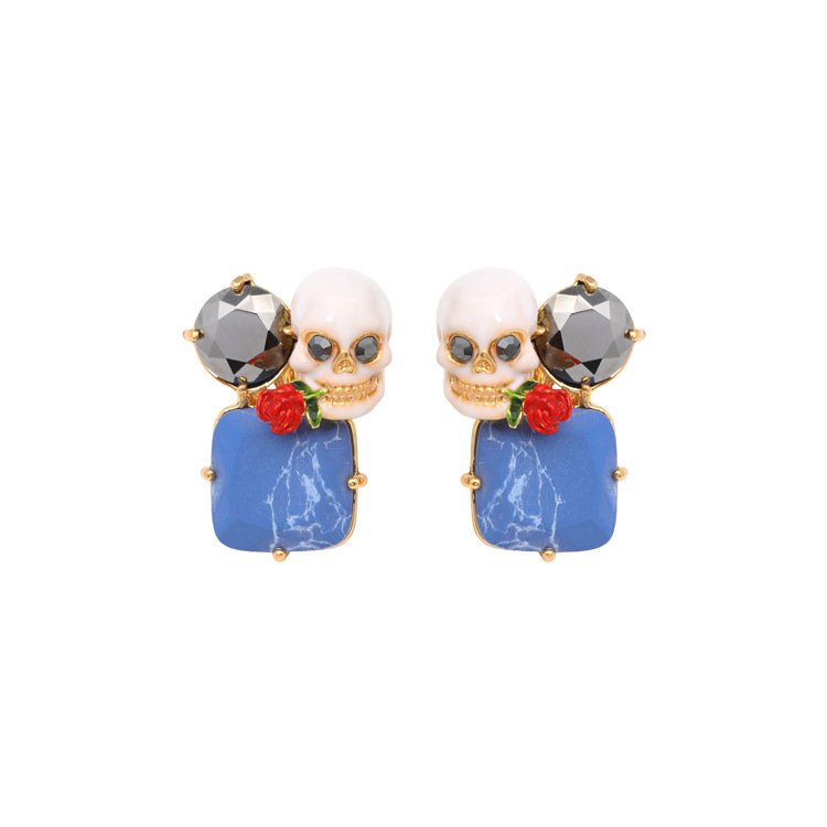 Skeleton Blue Stone And Rose Enamel Earrings