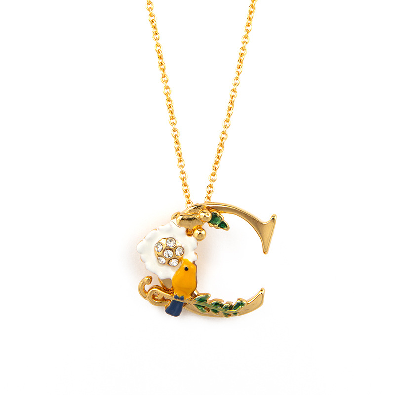 Bird On Flower Branch C Shape And Crystal Enamel Necklace