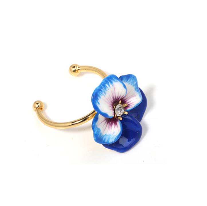 Pansy Blue Red Flower And Crystal Enamel Adjustable Ring