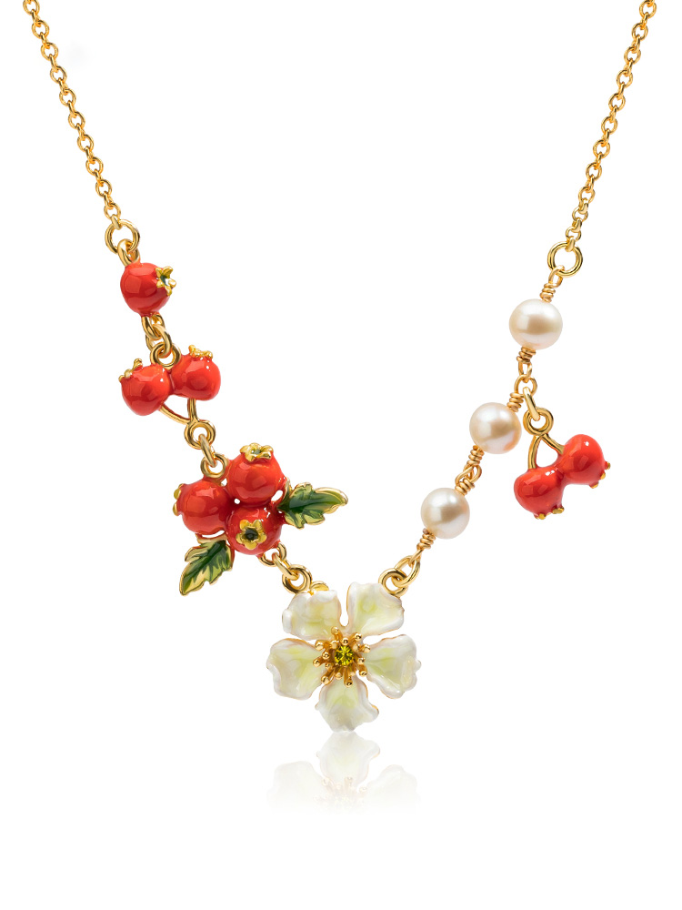 Red Hawthorn Fruit And White Flower Pearl Enamel Pendant Necklace Jewelry Gift