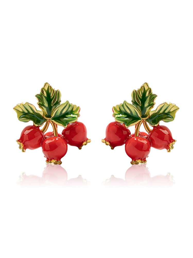 Red Fruit Hawthorn And Green Leaf Enamel Stud Earrings Jewelry Gift