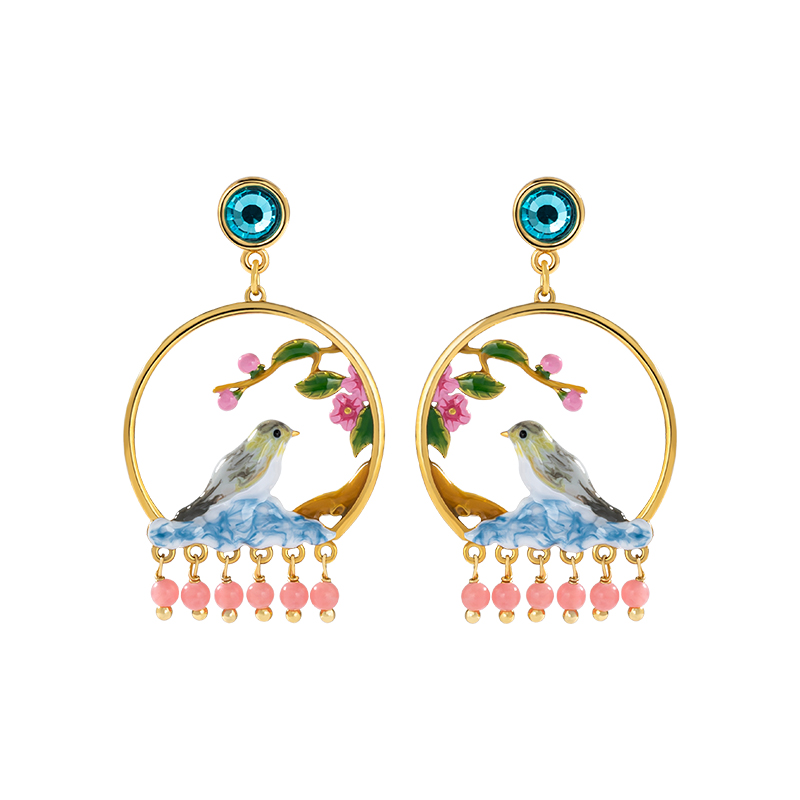 Bird Flower Branch And Bead Crystal Enamel Dangle Stud Earrings