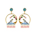 Bird Flower Branch And Bead Crystal Enamel Dangle Stud Earrings