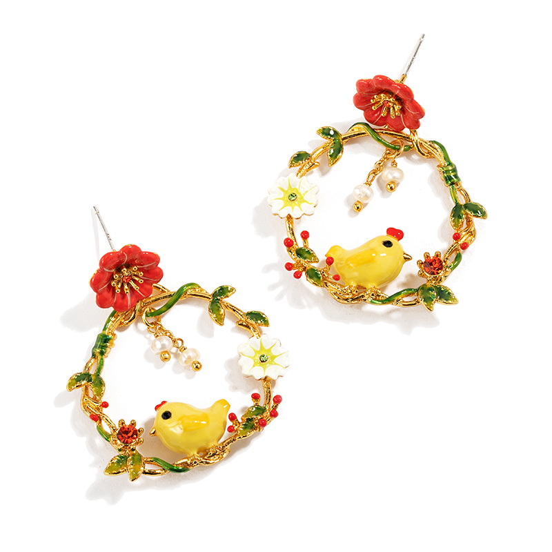 Yellow Chick Chicken White Red Flower Enamel Dangle Earrings Jewelry Gift