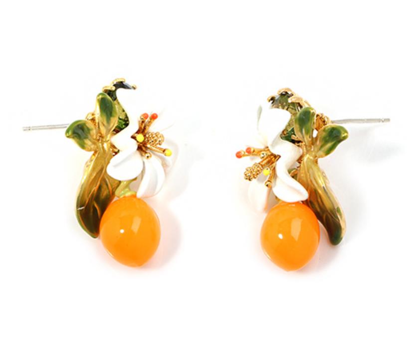 Orange Blossom Flower Leaf Enamel Dangle Stud Earrings Jewelry Gift