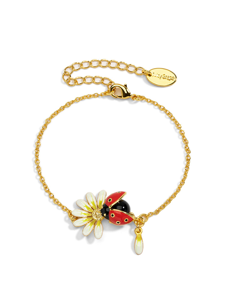 Daisy White Flower And Ladybug Enamel Thin Bracelet