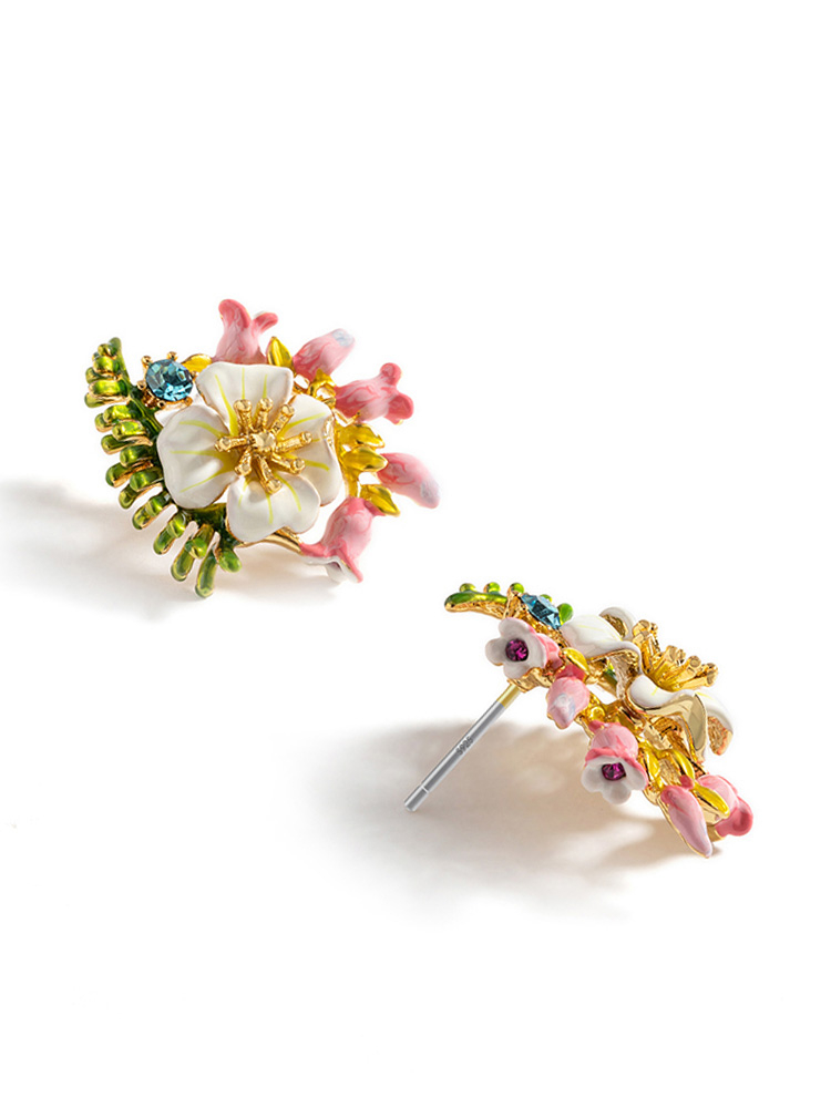 White Flower Pink Bud And Crystal Enamel Stud Earrings