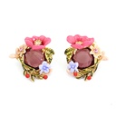 Pink Purple Rose Peony Flower And Crystal Enamel Stud Earrings