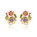 Pink Peach Flower And Leaf Crystal Enamel Stud Earrings Jewelry Gift