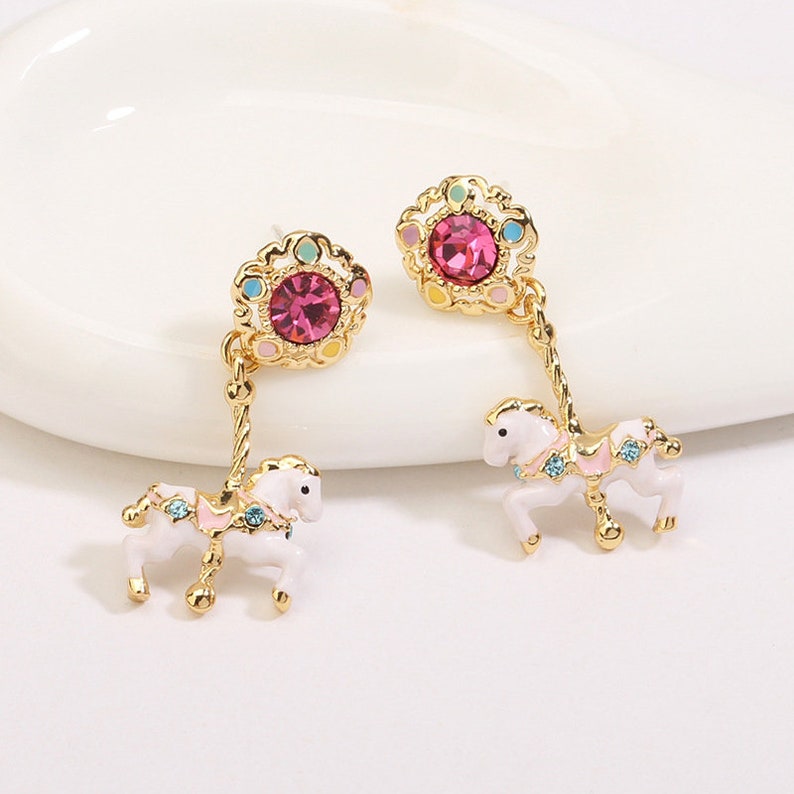 Pink Flower And Crystal Enamel Earrings