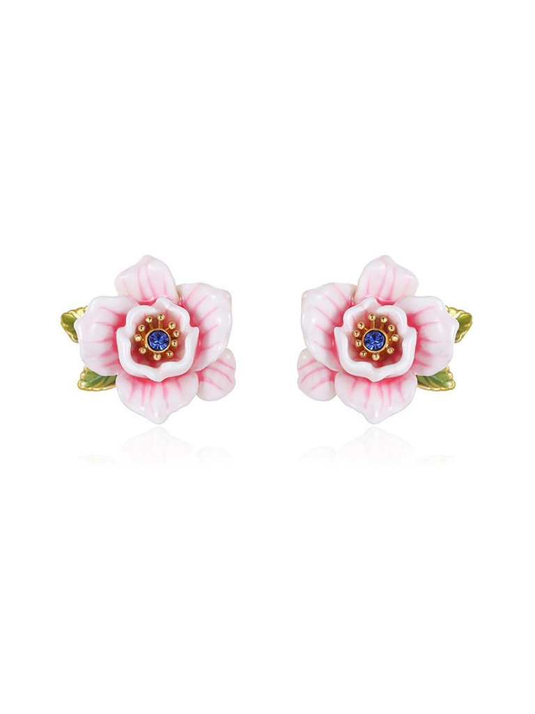 Pink White Cherry Blossom Flower And Crystal Enamel Stud Earrings Jewelry Gift