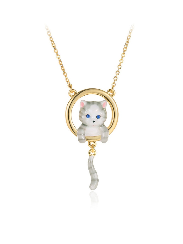 Cat Kitty Kitten With Tail Enamel Pendant Necklace