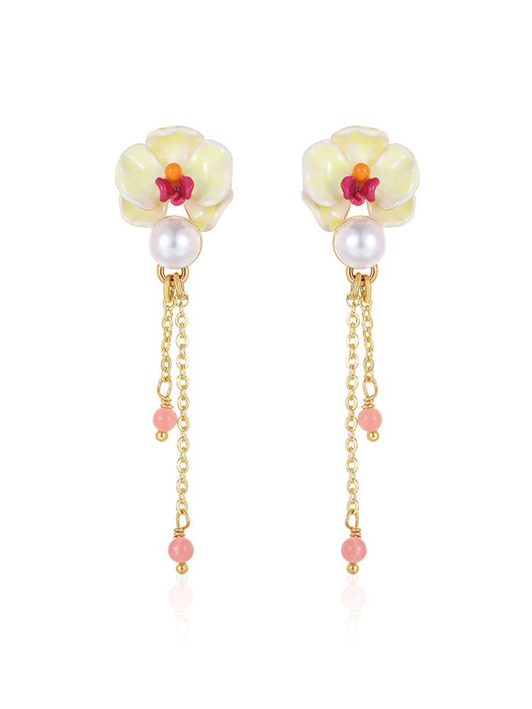 Butterfly Orchid Blossom Flower Pearl Enamel Tassel Earrings