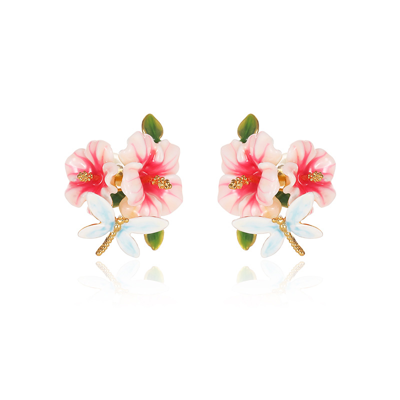 Pink Flower And Dragonfly Enamel Stud Earrings