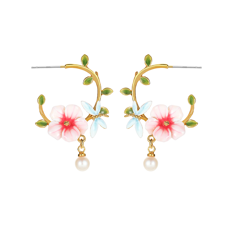 Pink Flower And Dragonfly Pearl C Shape Enamel Hoop Earrings